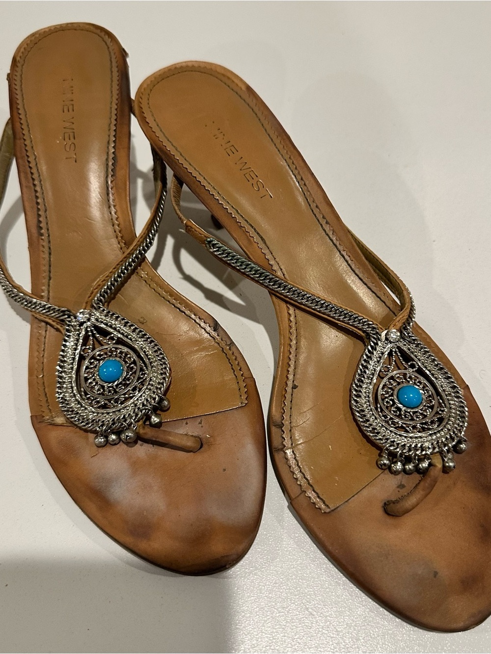 Nine West Brown Leather Sandals with Turquoise Accent